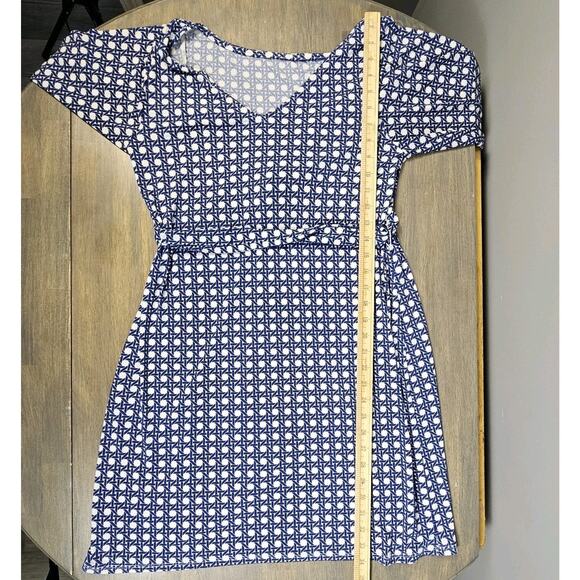 Leota Womens Midi Dress V Back Geometric Print Blue/White Size Medium Tie Waist - Picture 6 of 7